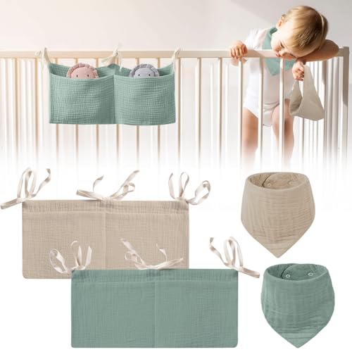 Forhandy 4 Stück Babybett Organizer und Lätzchen Baby, 2-in-1 Babybett Aufbewahrungstasche Verstellbarer Kinderzimmer Hängender Super Saugfähig Halstuch Musselin Dreieckstuch Baby für Junge Mädchen