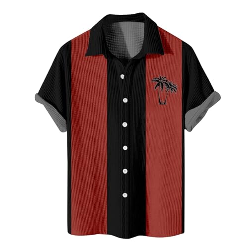 Angebote des Tages Heute Deal Herren T Shirt Slim Fit T-Shirt Herren MTV Shirt Herren Reverskragen Palm Bedruckt Strandhemd Kurzarm Boho Hemd Knopfleiste Hemd Herren (Rot, M)