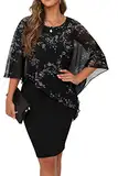 QIXING Damen Chiffon Cape Cocktialkleid Rundhals Ausschnitt Bleistiftkleid Sommerkleid Damen Knielang Elegant Abendkleid Mit Overlay Casual Bodycon Kleider (Blumen Schwarz-Weiß, L)