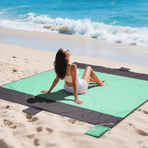 NHOWIN Strandmatte Stranddecke Sandfrei Wasserdicht, Super Groß 210 x 200cm Picknickdecke with 3 Reißverschlusstasche, 0.36kg Ultraleicht & Tragbar Stranddecke für Strand, Campen, Picknick (Mintgrün)
