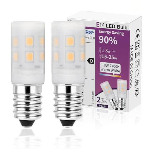 YzzYzz Kühlschranklampe E14 LED Lampe - 1.8W E14 LED Warmweiss Kühlschrankbirne 2700K 245LM Glühbirne LED E14 für Kühlschrank Nähmaschine 2er Set