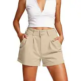 Tennis Shorts mit hoher Taille Taschen für Damen Herren 3/4(Beige,M)