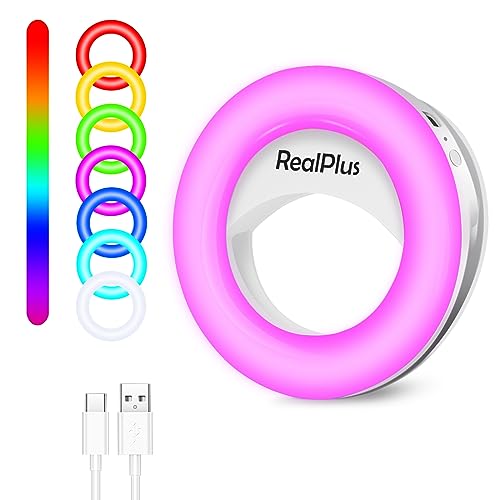 RGB-Telefon-Ringlicht, Geschenk für Frauen, RealPlus Aufsteck-Ringlicht mit 3 Stufen Kaltweiß und 12 RGB-Modi, tragbares Selfie-Ringlicht für Telefon, Tablet, Laptop, Tiktok, wiederaufladbar