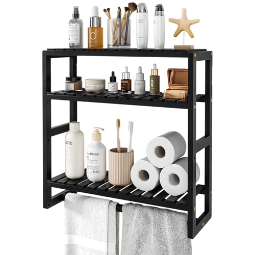 Bamworld Badezimmer Regal Badmöbel Bambus 3 Etagen Organizer Badezimmermöbel Für die Wand Platzsparend Modern （Schwarz）（42x15x42cm）