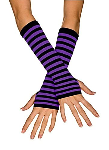 Ro Rox Gotisch Gestreifte Armstulpen Fingerlose Daumenloch-Ellenbogenhandschuhe Gestrickte Punk, Violett, Einheitsgröße