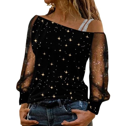 T-Shirt Damen Mesh Schulterfrei - Oberteile Sexy Langarmshirt Casual Mode Langarm Shirt Bluse Tops Tunika Elegant Glitzer Pullover Jumper Winter Spitze Streetwear Laufshirt