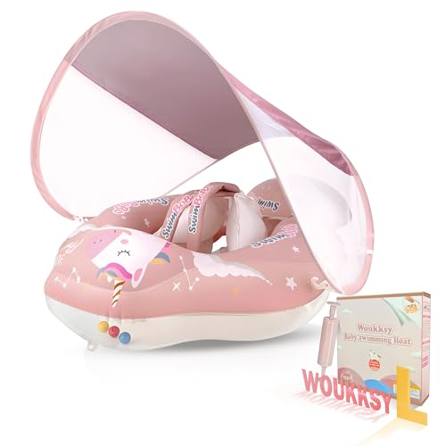 Baby Schwimmring mit abnehmbarem Sonnendach und Anti Umkippen Float Aufblasbarer Schwimmtrainer mit Sicherheitssitz für Kleinkinder ab 6 bis 36 Monate von Woukksy