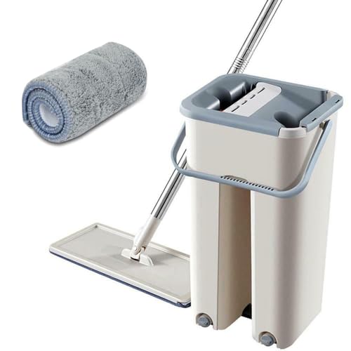 Mzshne Mikrofaser-Squeeze-Mopps Lazy Tool Kit für die freihändige Reinigung Flacher Bodenwischer und Eimer für Hartholz-Laminat-Fliesenböden