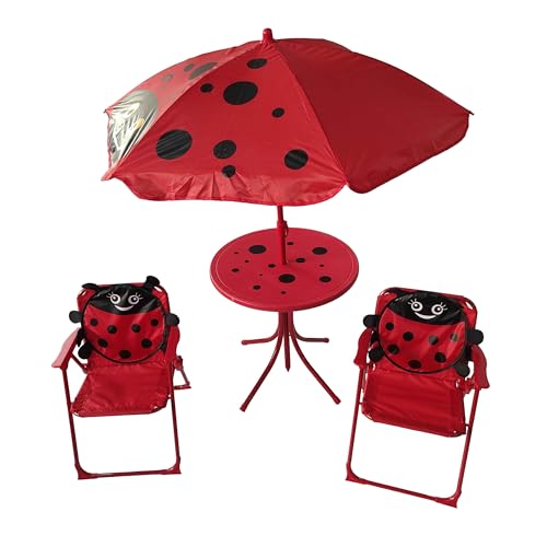 relaxdays Camping Kindersitzgruppe, Marienkäfer Motiv, Kindersitzgarnitur mit Schirm, Kinderklappstühle & Tisch, rot