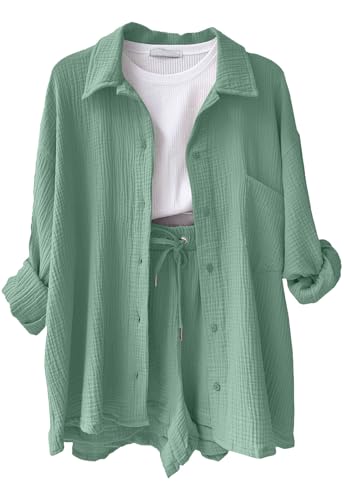 CheChury Zweiteiler Damen Sommer Kurzarm Musselin Bluse Hemd und Shorts Freizeitanzug Damen Elegant Kurz Set Women Aesthetic 2 Teiliges Damen Strand Outfit Leicht Atmungsaktiv Loungewear Anzug