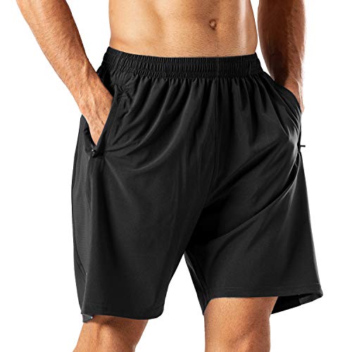 HMIYA Herren Sport Shorts Schnell Trocknend Kurze Hose mit Reißverschlusstasch (Schwarz,XL)