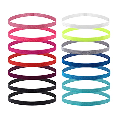 VEGCOO 14 Sport Stirnband Dünn Antirutsch Elastische Stirnbänder Sport Haarband Dünn Rutschfest Geeignet für Jungen Mädchen Und Kinder(fluoreszierendes orange,fluoreszierendes gelb,lila,kieferngrün)