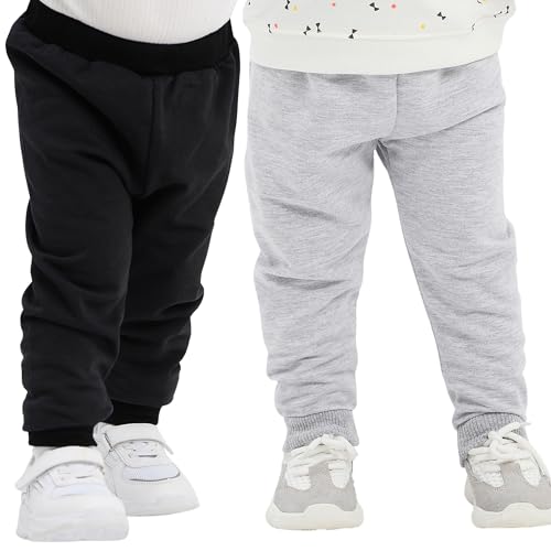 100% Baumwolle Babyhosen Kinderhosen | 2 er-Pack Lässig Sweathose Weiche und Bequeme Babykleidung für Jungen und Mädchen (2-3 Jahre, Schwarz - Grau)