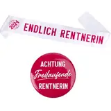 (2 pcs) Rentner Schärpe und Button Dekoration Frau Ruhestand Accessoires Endlich Rentnerin Achtung freilaufende Rentnerin Geschenk für Pensionierung Rente Party Abschiedsfeier Deko Sash Zubehör