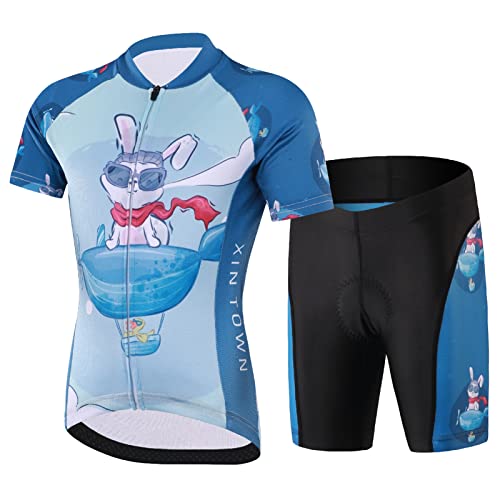 SXSHUN Kinder Jungen Radtrikot Mädchen Fahrrad Trikot Radhose mit Sitzpolster Kurzarm Radshirt Radsport Anzüge, Blau(Kaninchen), 134-140
