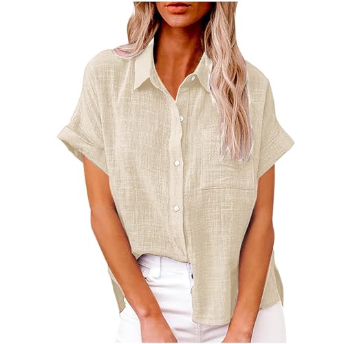 Sommeroberteile für Damen, Leinenhemden für Damen, lockere Bluse, übergroße Hemden, kurzärmelig, Button-Down-Shirts für Damen, Arbeitsblusen und Hemden, Braun #_02, XXL