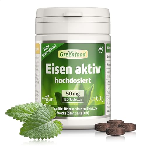 Eisen aktiv, hochdosiert, 50mg - 120 Tabletten, vegan. Eisenbisglycinat - gut verträglich - gegen Müdigkeit & Erschöpfung, Eisenmangel. OHNE künstliche Zusätze - laborgeprüft. Von Greenfood.