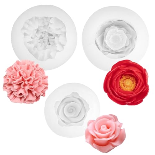 3 Stück Silikonformen Gießformen Blumen,Kerzen Formen Silikon Blumen,Rose Blumen Silikonform,Nelke Pfingstrose Silikonformen,Kerzenformen zum Gießen Blumen,für Schokolade Kunsthandwerk Dekorationen
