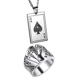 Flongo Männer kette Bandring Siegelring Herren-Kette Männer Anhänger Schmuckset mit Pik-Ass Spielkarte Royal Flush Poker Karten Silber Größe 54