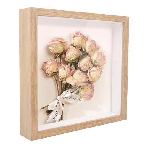 3D Bilderrahmen zum Befüllen 20x20 cm Objektrahmen Bilderrahmen Tief zum Befüllen Bilderrahmen Quadratisch Holzrahmen Ideal für Fotos Hochzeitsstrauß und DIY Deko (Holzfarbe)