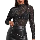 Glitzer Oberteile Damen, Glitzer Mesh Oberteile Damen, Transparentes Durchsichtige Tops mit Sterne, Glitzer Top, Netzoberteil Bluse Tüll, Sexy Durchsichtig Langarm Bluse für Karneval, Halloween, Party