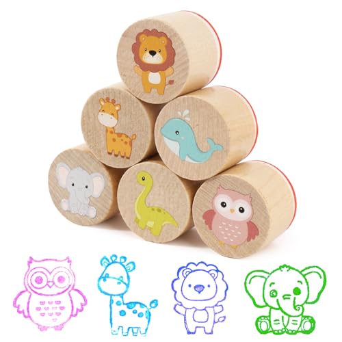 BOOMTOP 6Pcs Stempel Holz Tiere Holzstempel zum Basteln Kinder Motivstempel Set Rund Klein Stempelset Löwe Dinosaurier Eule für Kartenbasteln Scrapbooking Bullet Journal Geschenkverpackung