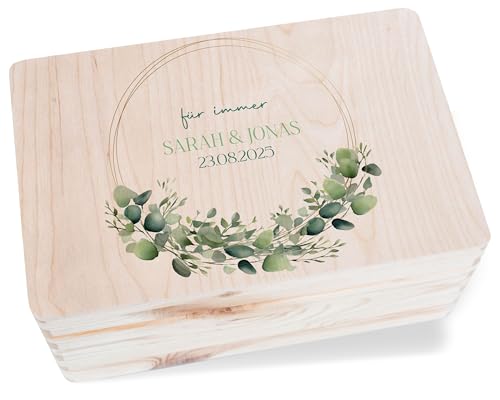 Holzkiste - Für immer Eukalyptus mit Name und Datum | Erinnerungsbox Hochzeit Aufbewahrungsbox | Box Hochzeit für Geldgeschenke - 30 x 20 x 14 - Holz - hochzeitskiste hochzeitskartenbox brautpaar