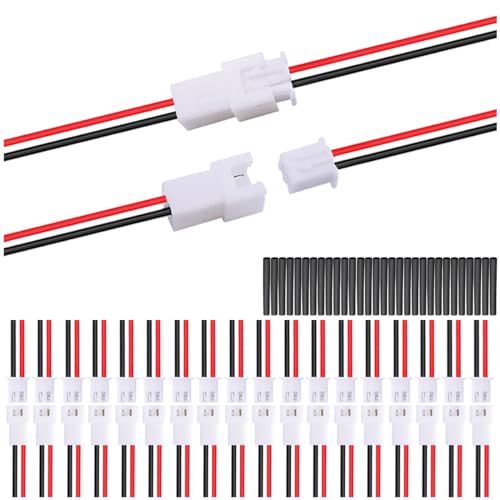 MKBKLLJY 20 Paar JST XH 2,54 mm 2-poliger Stecker und Buchse Anschlusskabel mit UL1007 22 AWG 100 mm rot-schwarzer Anschlusskabel, Schrumpfschlauch für winzige Drohnen-Batterieklemme, Steckdose,