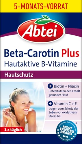 Abtei Beta-Carotin Plus – Für den Erhalt gesunder Haut – Glutenfrei, Laktosefrei – Vorratspackung – 150 Kapseln für 5 Monate