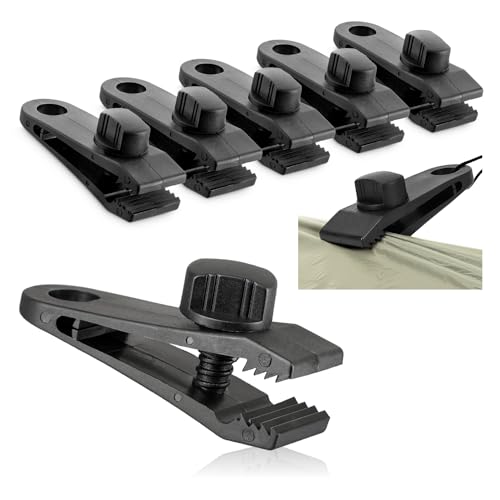 com-four® 6x Zeltplanenklemmen - Tarp Clips für Zelte, Banner, Segel, Markisen und Abdeckplanen - Markisenklemmen zum Abspannen - flexible Planenspanner (schwarz - Klemmen - 6 Stück)