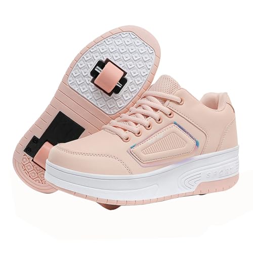 Mateju Schuhe mit Rollen für Jungen Mädchen, Kinder Rollschuhe Schuhe mit Rollen, Mode Outdoor Turnschuhe Versenkbarer, 2-in-1 Roller Schuhe Turnschuhe Skateboardschuhe 41 EU Rosa