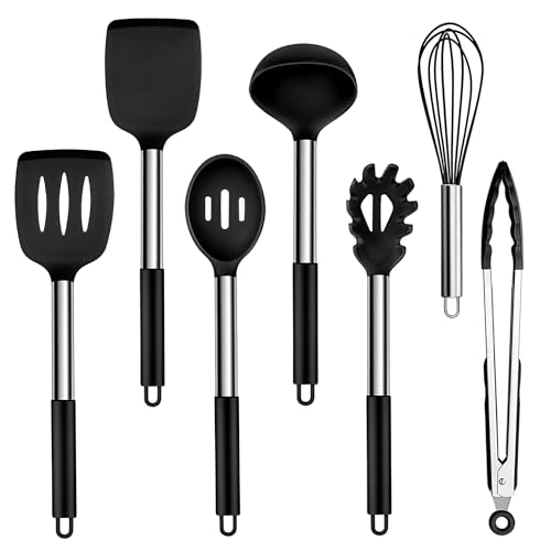 Homikit Küchenhelfer, 7 Stück Silikon Küchenutensilien Kochutensilien Set mit Edelstahlgriff, Schwarz Antihaft Hitzebeständiger Kochbesteck zum Kochen, Ungiftig, Leicht zu Reinigen & Spülmaschinenfest
