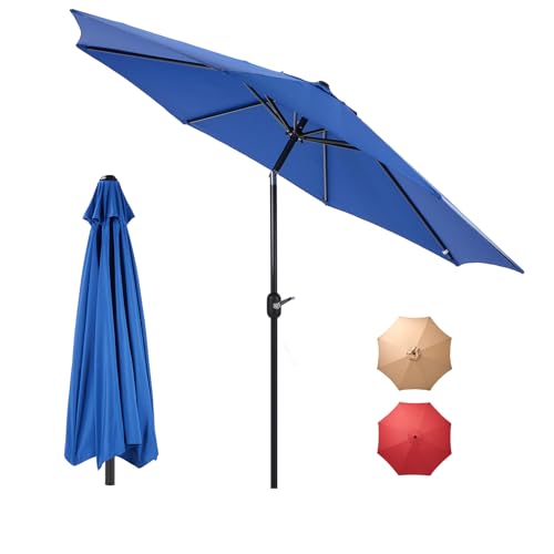 DUMOS Terrassenschirm mit Druckknopf, neigbar und Kurbel, Tischschirme, 8 stabile Rippen, wasserdicht, für Pool, Markt, Terrasse, Strand, Restaurant, Blau, 2,7 m