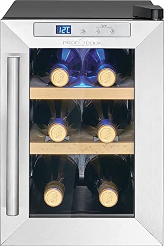 ProfiCook Weinkühlschrank | 6 Flaschen | Getränkekühlschrank | UV-beständige Glastür | Weinkühler | LED-Beleuchtung | 3 Lagerebenen - Davon 2 herausnehmbar | 11-18°C | PC-WK 1231