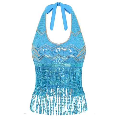 Agoky Damen Pailletten Top Neckholder Shirt Bauchtanz Oberteile mit Glitzer Fransen Sport Crop Tops Tanz Gogo Outfits Motto Party Clubwear Hellblau Einheitsgröße