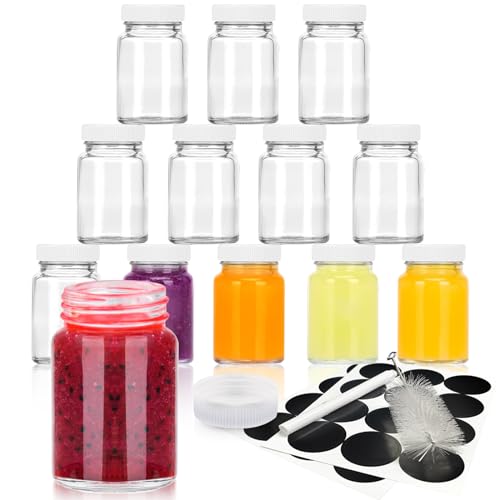 12 Stück Shot Flaschen zum Befüllen, 60ml Weithals Mini Glasflaschen mit Deckel, Shotgläser mit Deckel, Ingwer Shot Fläschchen, Kleine Fläschchen zum Befüllen für Saft, Smoothie, Wasser, Ingwer Shot