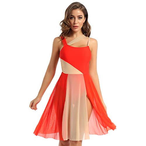 iEFiEL Damen Ballettkleid Tanzkleid mit Asymmetrisch Rock Wickelrock Tango Latein Kleider Leotard Ballettanzug Trikot Tanz-Body Gr. XS S M L XL Xa Orange M