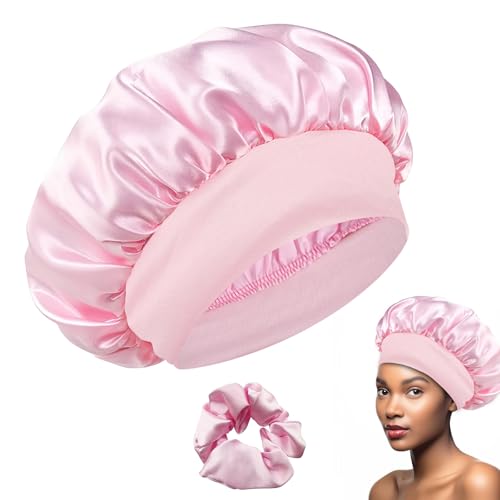 Satin Haarhaube mit Haargummis, Schlafmütze Satin Bonnet Nacht Schlaf, Seidenhaube Zum Schlafen Schlafhaube Haare Schützen, Weich Schlafmütze Damen Haarschutz für die Nacht, Rosa