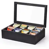 Alsonerbay Teebox aus Massivholz schwarz, Teebeutel Aufbewahrungsbox 32.5x20x9.7cm groß Teekiste mit 8 Fächer und Sichtfenster Tea Organiser Vorratsbox für Teebeutel Kaffeeweißer Gewürzbeutel