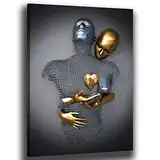 chongjian Liebe Herz 3D Grau Leinwand Wandkunst Moderne Gemälde 3d Abstrakt Umarmung Wanddekoration Schwarz und Weiß Metallfigur Skulptur Effekt Bild Wohnzimmer Dekoration (Gold Mit Rahmen, 16x24in)