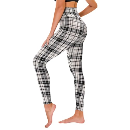 TNNZEET High Waist Leggings Damen Elastische Leggins Weiche Sporthose für Sport Gym, Schwarz Weiß Kariert, S-M