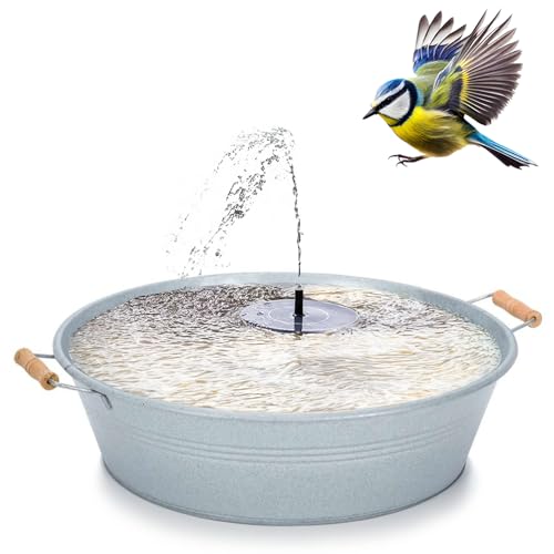 matches21 HOME & HOBBY Solarbrunnen Set für draußen - 50 cm Zink-Schale mit Holzgriffen als Garten-Brunnen Spring-Brunnen