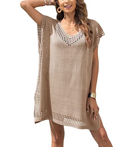 Codkkre Damen Gestrickte Strandkleid Sommer Kurz Knielang Badeanzug Bikini Cover Up Strandponcho V-Ausschnitt Sexy Beachwear Cutout Crochet Cover Ups, Grau