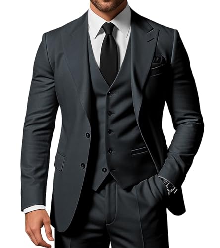 SPTALLFITJSV Herren 3-teiliger Anzug Slim Fit Peak Lapel 2-Knopf Blazer Jacke Weste Hose Set Hochzeit Business Abiball Party Anzug, Stahlgrau, L