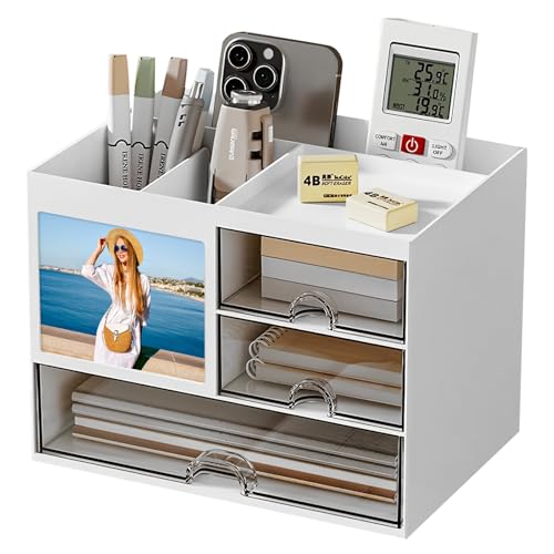 GuKKK Schreibtisch Organizer,Büro Organizer, Stiftehalter Schreibtisch mit 4 Fächer 4 Schubladen, Multifunktionaler Organizer Schreibtisch für Büro Zuhause Schule Weiß