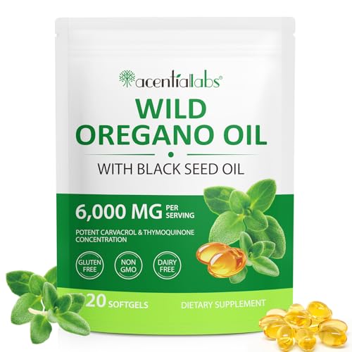 Oregano Öl Kapseln, Bio Oregano Öl Wildes Oreganoöl 6000 mg mit 200 mg Schwarzkümmelöl, 120 Weichkapseln ätherische Oreganoöl Kapseln, Immun Unterstützung und Antioxidans, Gentechnikfrei