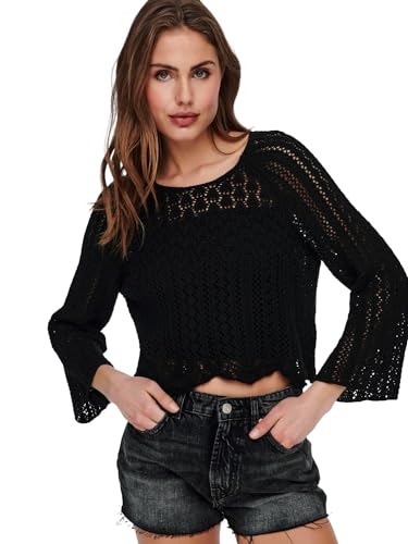 ONLY Damen Eleganter Strickpullover Cropped 3/4 Arm Shirt Knitted Pointelle Stretch Sweater ONLNOLA, Farben:Schwarz, Größe:M