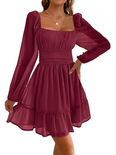 Imily Bela Damen Kleider Square Neck Partykleid Mesh Minikleid High Waist Falten Langarmkleid Hochzeitsgast mit Rüschen(Weinrot, XL)