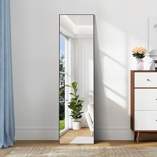 COFENY Ganzkörperspiegel, 150 × 40 cm Standspiegel mit Aluminiumrahmen, Spiegel Groß zum Stehen, Anlehnen oder Hängen, Spiegel Ganzkörper für Schlafzimmer, Wohnzimmer,Schwarz