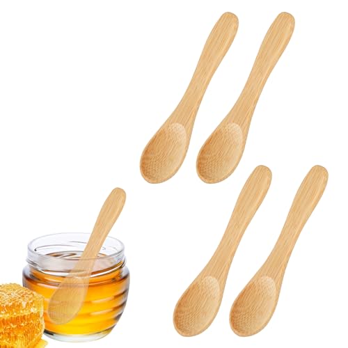 Prasacco 4 Stück kleine Holzlöffel, Mini Holzlöffel kleine Löffel für Gewürzgläser Runder Gewürzlöffel Honiglöffel Teelöffel kleine Löffel Umweltschutz Holzlöffel für Salz, Zucker, Pfeffer, Kaffee